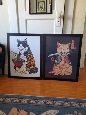 Set of 2 Cat Art Prints - Colorful Japanese-Inspired Designs